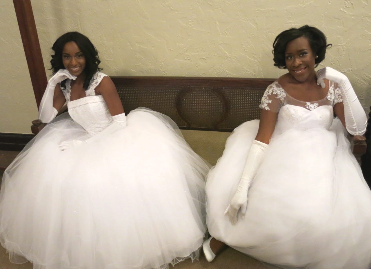 white cotillion ball gowns